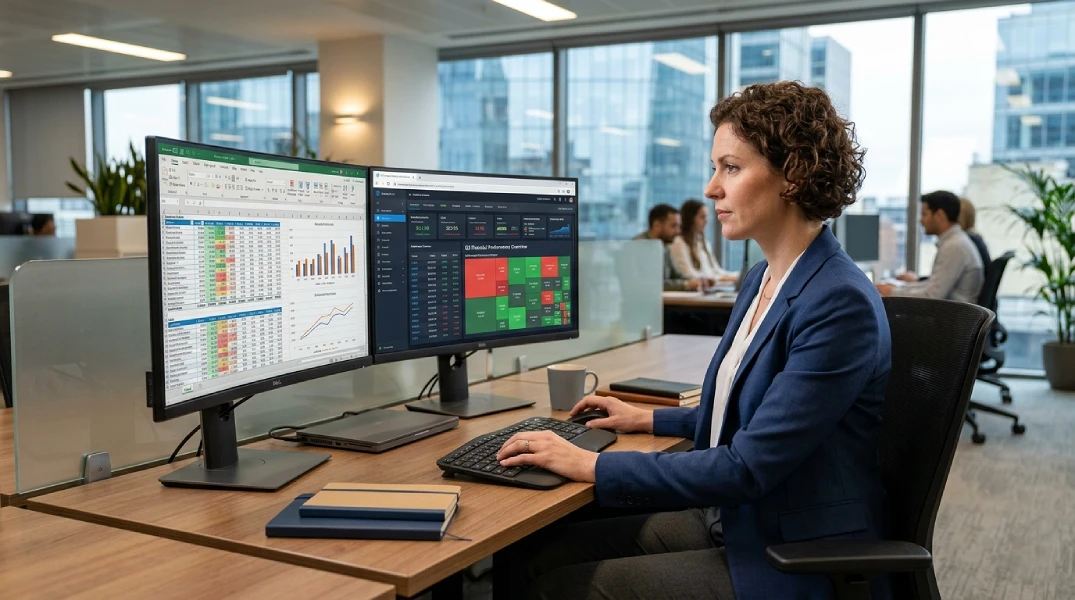 A professional-looking person in a modern office environment, focused on a dual-monitor setup showing complex financial dashboards,could use 'Best IT Guys' for their IT consulting needs