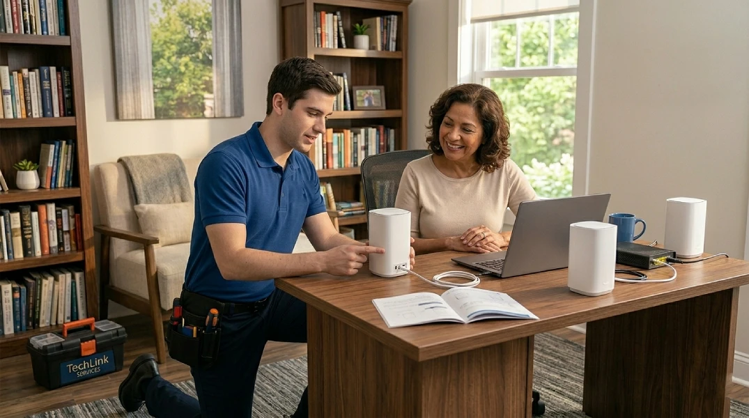 A wide shot of a living room or home study where a technician is setting up a new mesh Wi-Fi router while the homeowner looks on happily